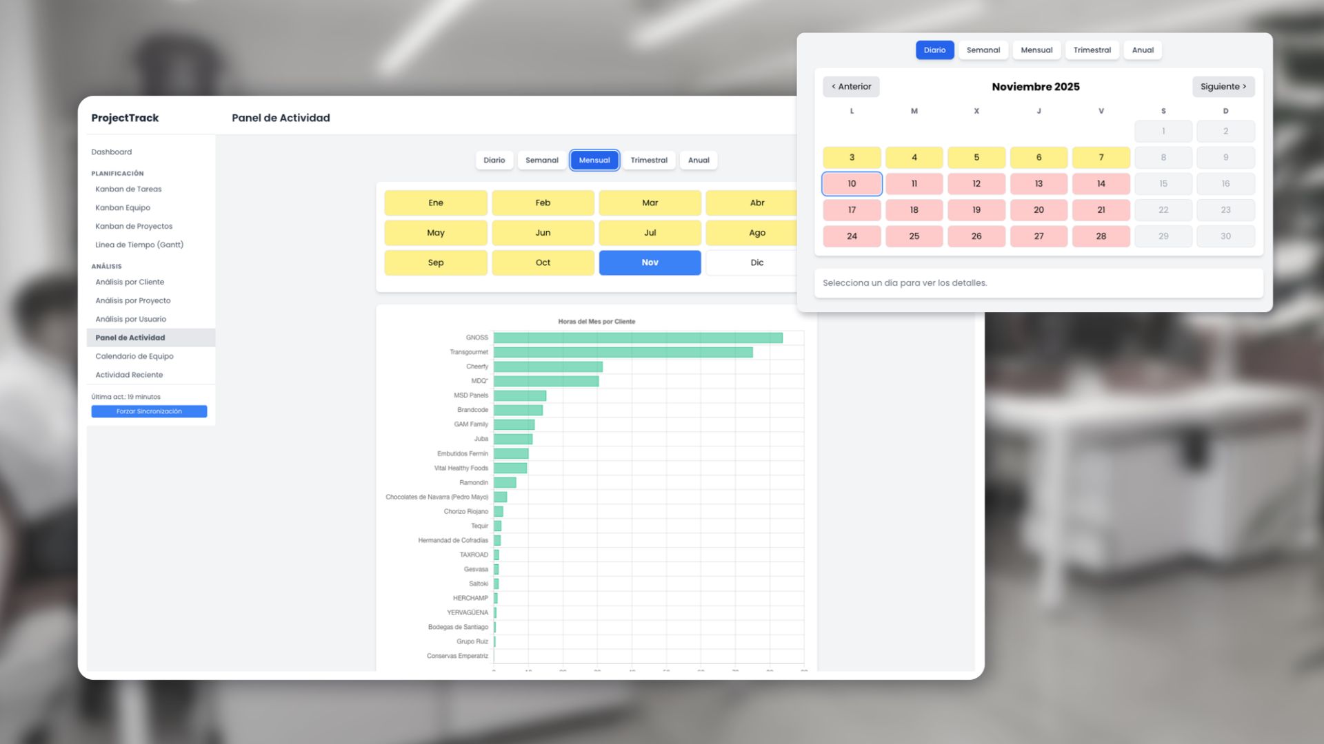 Panel de actividad — horas por cliente y calendario mensual